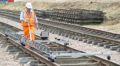 Track geometry measuring equipment installed across railway rails