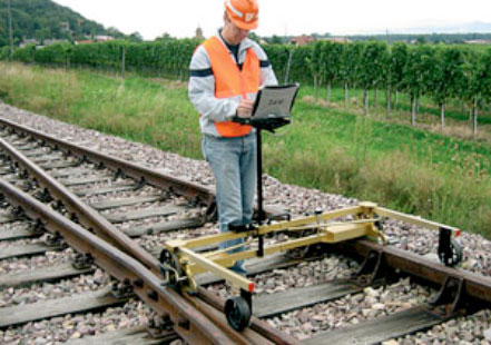 Track geometry recording trolley positioned across railway switch rails